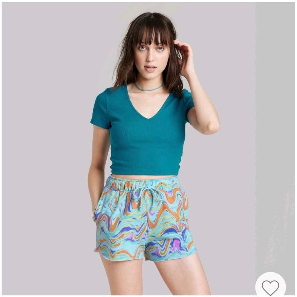 NWT Women's Short Sleeve V-Neck Back Tie Baby TShirt - Wild Fable - Teal Blue